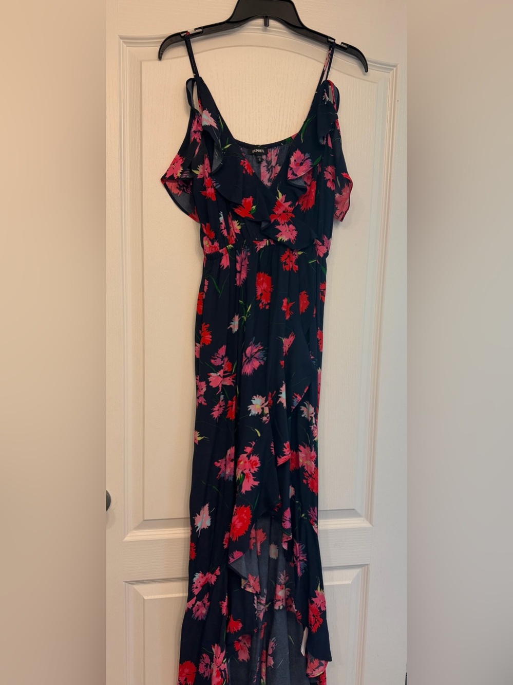 Express Navy High Low Dress with Pink and Red Floral Print